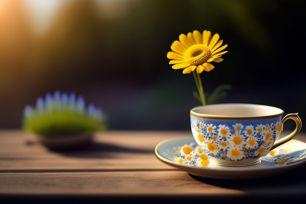 Una tazza di caffè con un fiore al centro