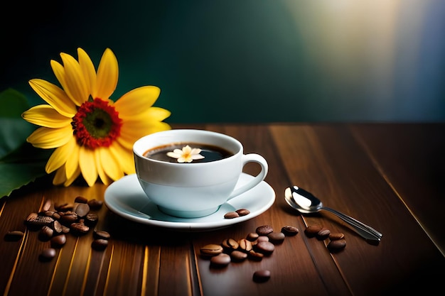 Una tazza di caffè con un fiore giallo sul tavolo