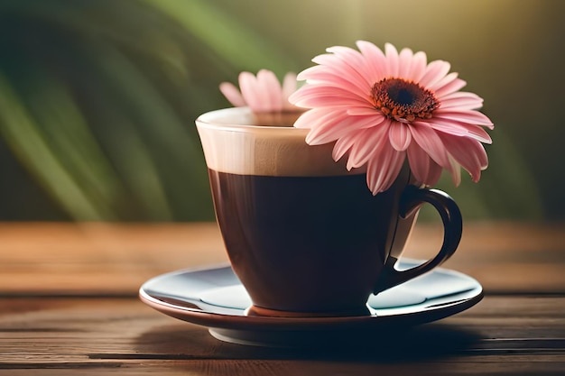 Una tazza di caffè con un fiore rosa in cima