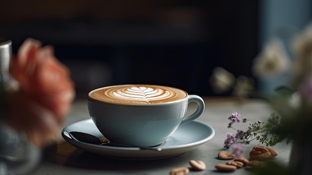 Una tazza di caffè con un fiore sul tavolo