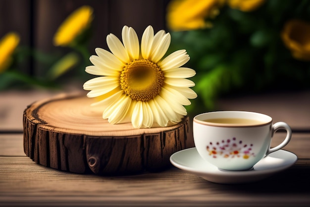 Una tazza di caffè con un fiore sul tavolo