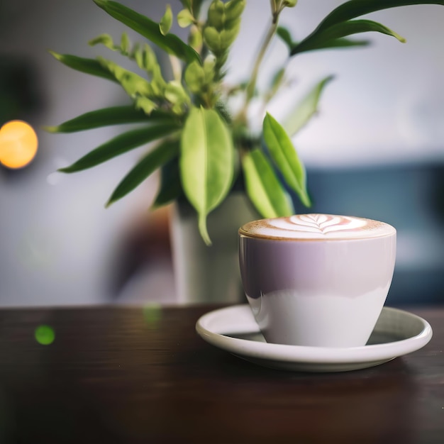 Una tazza di caffè con un fiore sullo sfondo