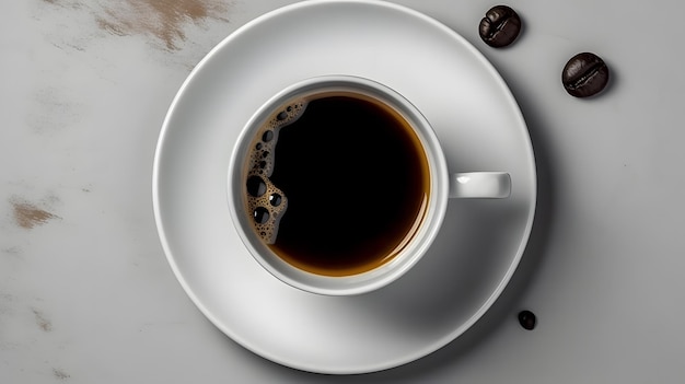 Una tazza di caffè con un piattino bianco e chicchi di caffè sul tavolo.