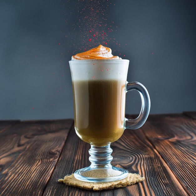 una tazza di caffè con un tappo arancione schiumoso della bevanda