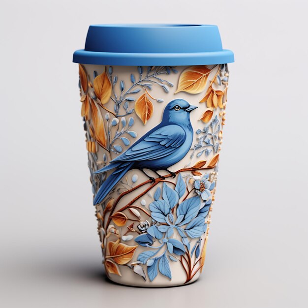 una tazza di caffè con un uccello blu su di essa