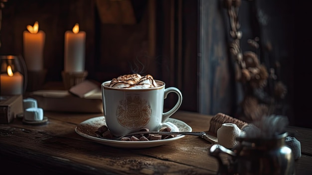 Una tazza di caffè con una candela sullo sfondo