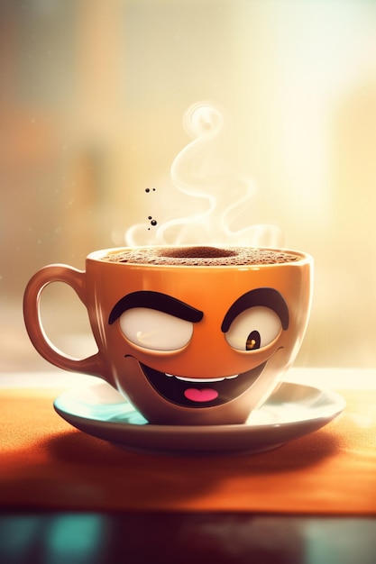 Una tazza di caffè con una faccina da cartone animato che dice "happy coffee".
