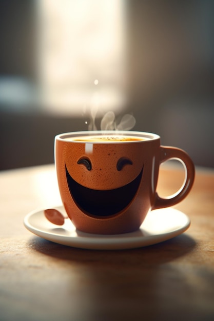 Una tazza di caffè con una faccina sorridente