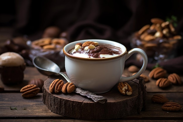 Una tazza di caffè con una guarnizione di cioccolato e noci pecan su un tavolo di legno.