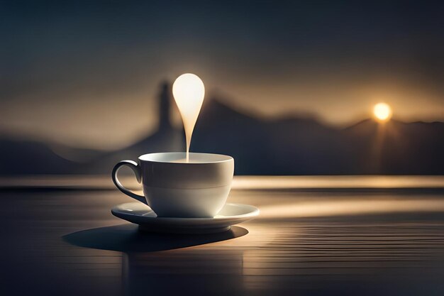 una tazza di caffè con una luce su di essa