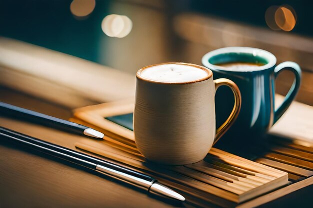 una tazza di caffè con una matita e una matita su un tavolo.