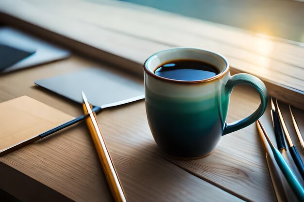 una tazza di caffè con una matita e una matita su un tavolo.