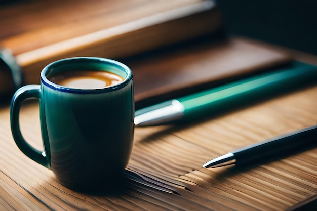 Una tazza di caffè con una penna e una penna su un tavolo.