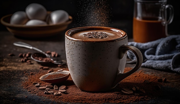 Una tazza di caffè con una stecca di cannella sul tavolo