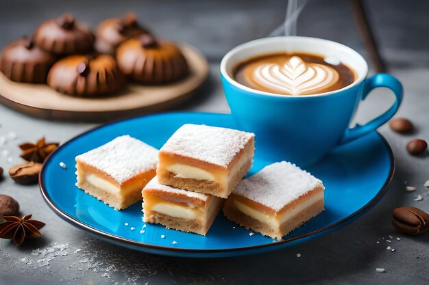 una tazza di caffè con una tazza di caffè e pasticcini su un piatto blu.