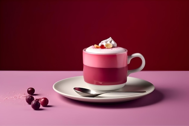 Una tazza di caffè con uno sfondo rosso e un cucchiaio con dentro una bevanda