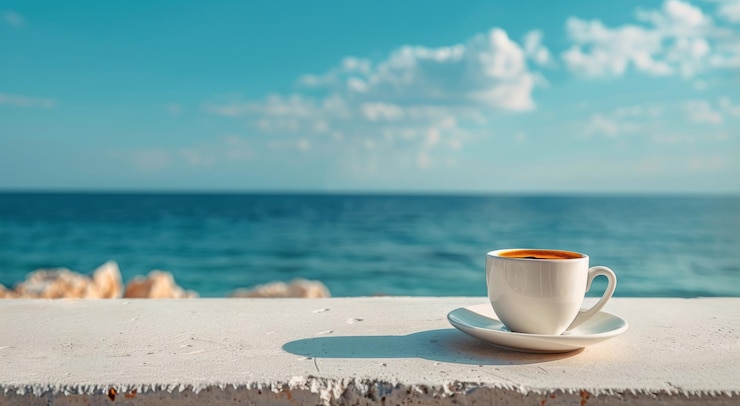 Una tazza di caffè con vista sull'oceano blu in una giornata di sole