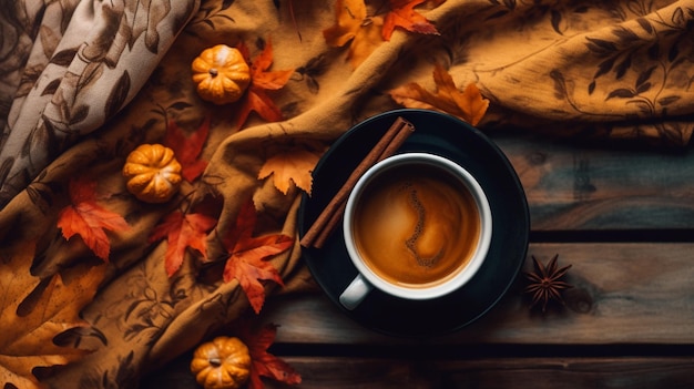 Una tazza di caffè con zucche su un tavolo