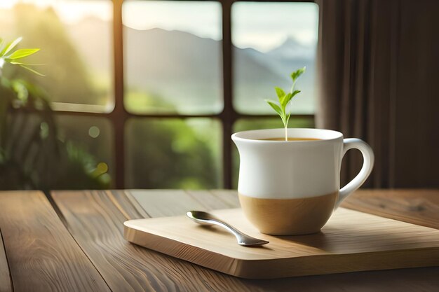 Una tazza di caffè da cui cresce una pianta