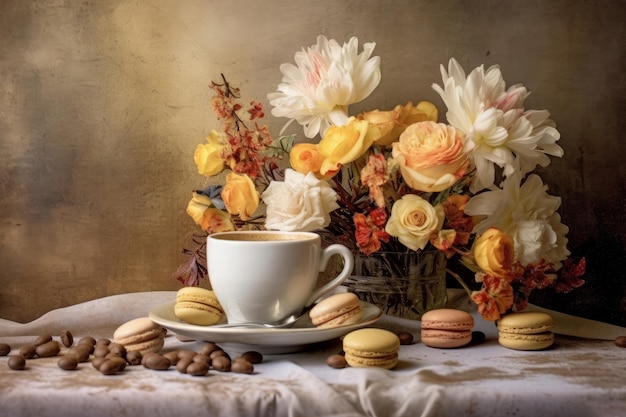 Una tazza di caffè e amaretti sono su un tavolo con un bouquet di amaretti.