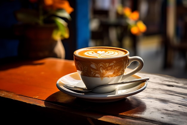 una tazza di caffè e chicchi di caffè sul tavolo creati dalla tecnologia AI generativa