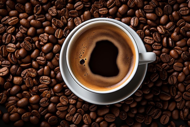 una tazza di caffè è circondata da chicchi di caffè