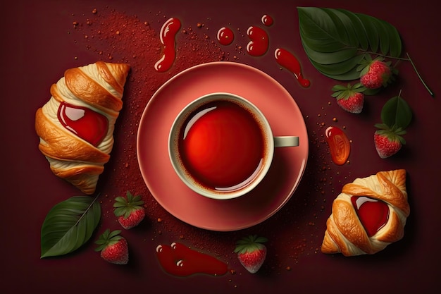 Una tazza di caffè e croissant con marmellata di fragole con copia spazio vista dall'alto