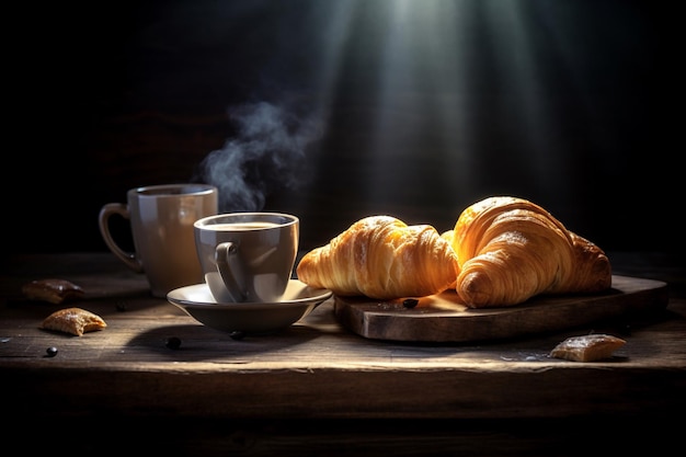 Una tazza di caffè e croissant su un tavolo con una tazza di caffè.