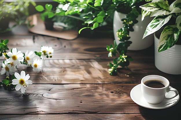 Una tazza di caffè e dei fiori su un tavolo