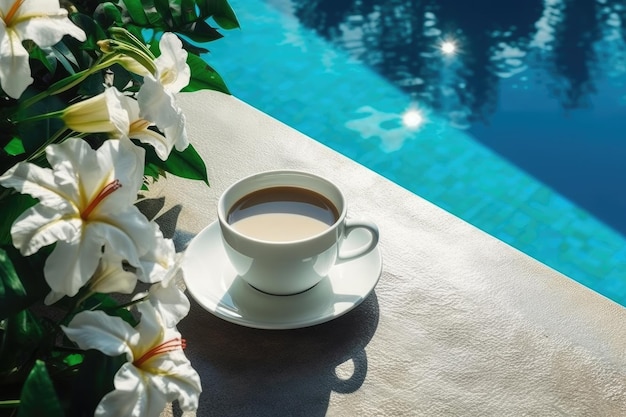 Una tazza di caffè e gigli su un tavolo vicino alla piscina in una mattina di sole Colazione Generativa ai