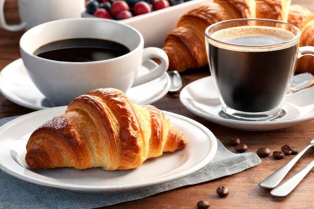 Una tazza di caffè e gustosi croissant su uno sfondo di legno marrone Colazione perfetta al mattino in stile rustico