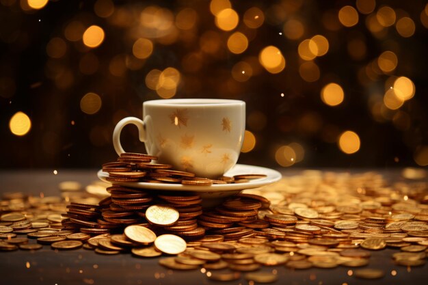 Una tazza di caffè e monete d'oro sullo sfondo bokeh