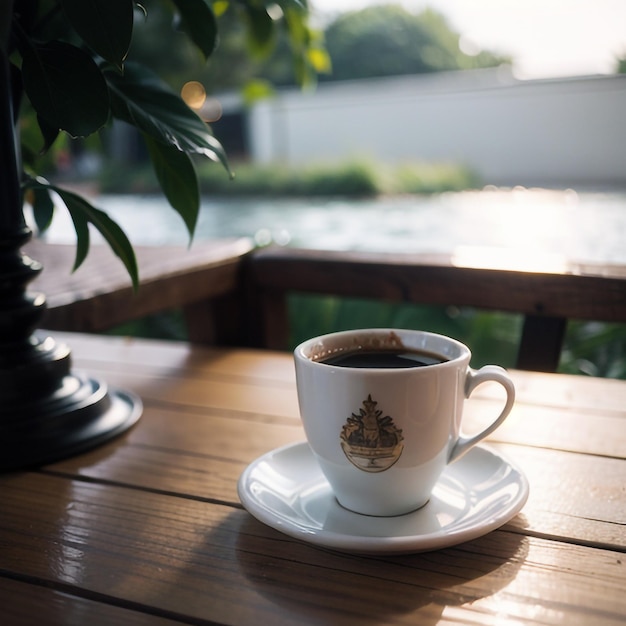 una tazza di caffè è posata su un tavolo accanto a una pianta in vaso