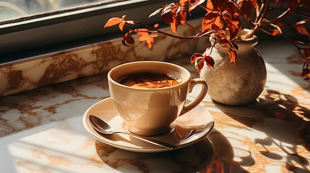 una tazza di caffè è seduta su una superficie bianca