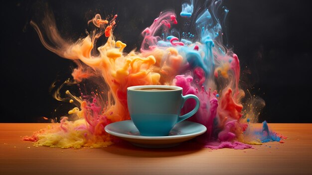 una tazza di caffè e spruzzi di caffè colorati