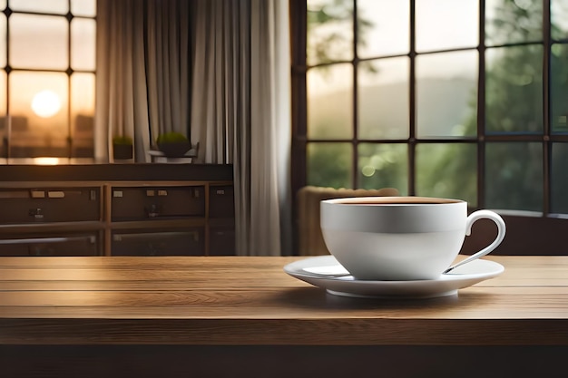 una tazza di caffè è su un piatto su un tavolo davanti a una finestra.