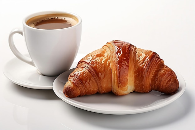 Una tazza di caffè e un croissant su sfondo bianco