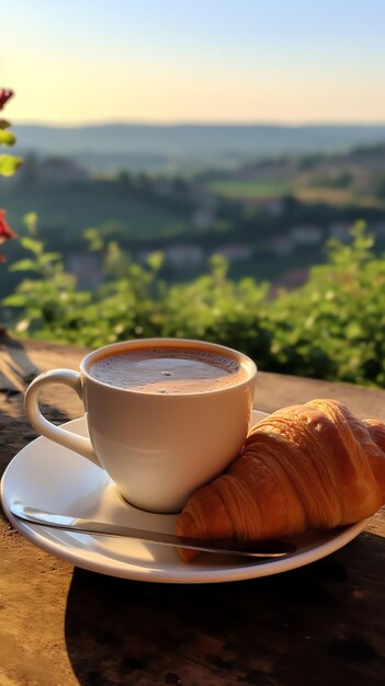 una tazza di caffè e un croissant su un piatto