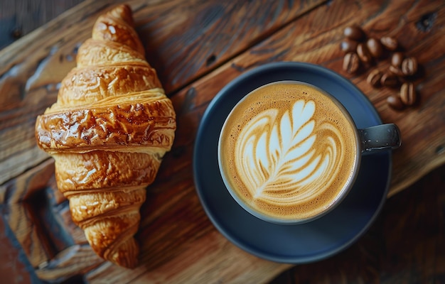 Una tazza di caffè e un croissant su un piatto