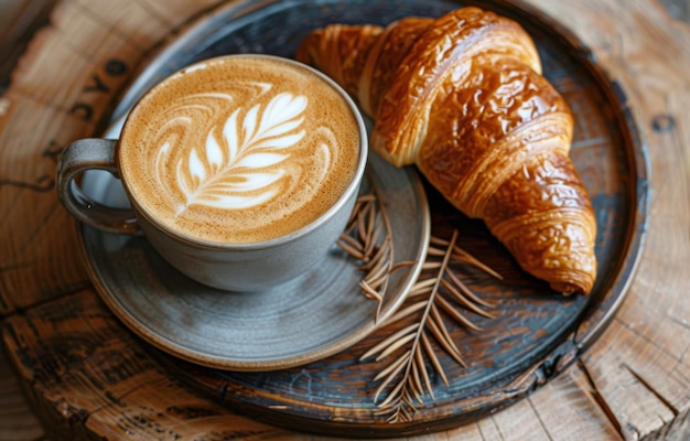 Una tazza di caffè e un croissant su un piatto