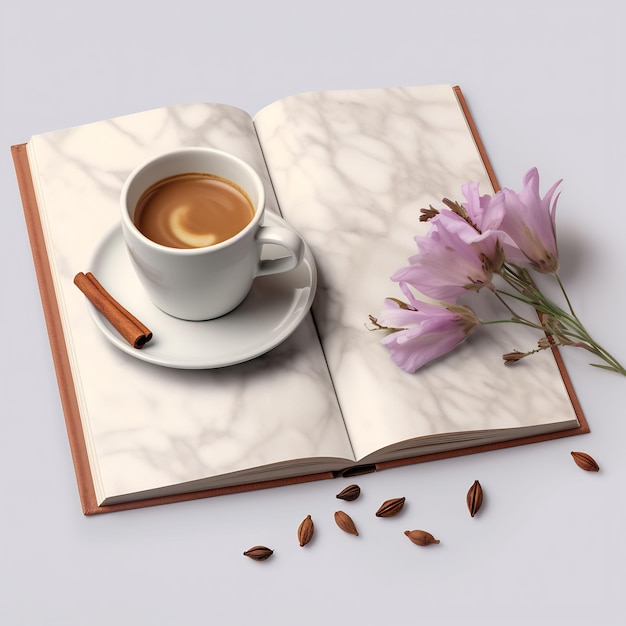 una tazza di caffè e un fiore su un libro