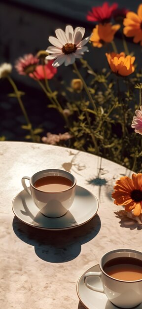 Una tazza di caffè e un fiore su un tavolo