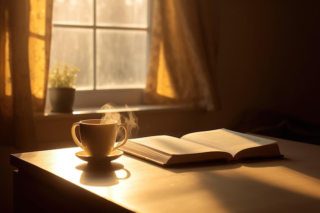 Una tazza di caffè e un libro aperto Una pausa di lettura alla luce del sole