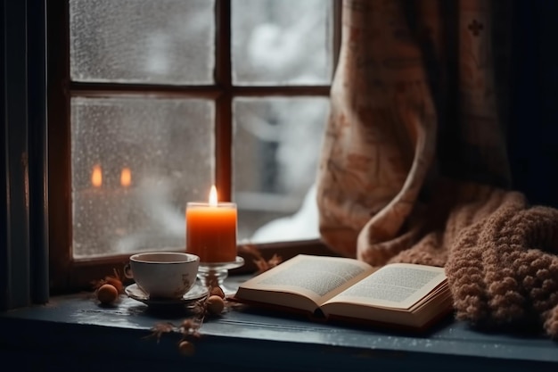 Una tazza di caffè e un libro siedono su un davanzale accanto a una candela.