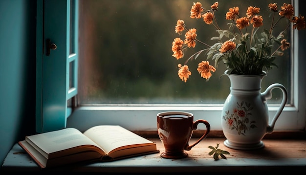 Una tazza di caffè e un libro sopra con un davanzale sullo sfondo e un vaso di fiori Generative Ai