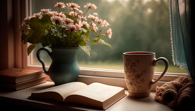 Una tazza di caffè e un libro sopra con un davanzale sullo sfondo e un vaso di fiori Generative Ai