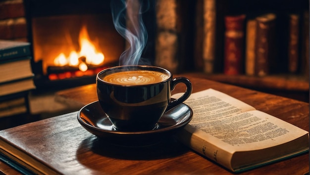 una tazza di caffè e un libro su un tavolo davanti a un camino