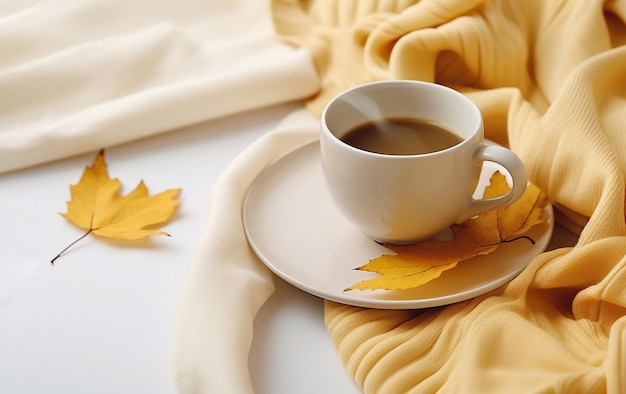 una tazza di caffè e un maglione e foglie d'autunno su uno sfondo chiaro