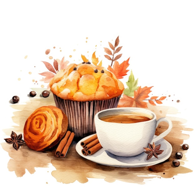 Una tazza di caffè e un muffin su un piatto Immagine digitale Latte speziato di zucca