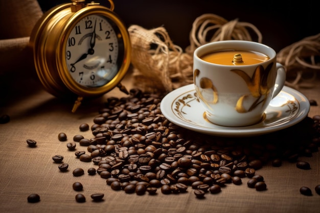 Una tazza di caffè e un orologio con il tempo di 12 : 45